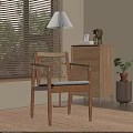 Gray Cushioned Rattan Back Wooden Frame Leisure Chair by Window with Blinds Dresser and Plant