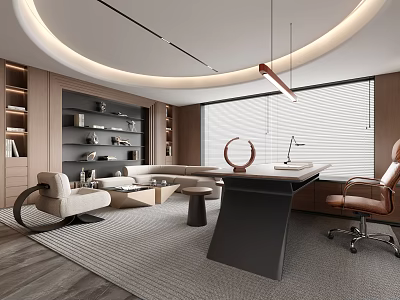 Modern Office Interior Design With Executive Desk Leather Chair And Floor to Ceiling Windows 3d model