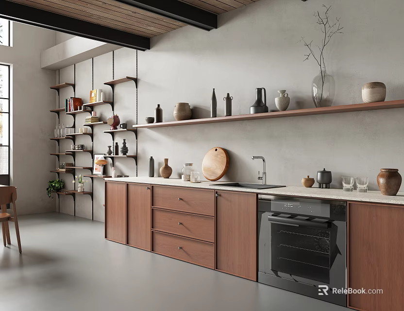 Modern Kitchen With Wooden Cabinets Shelves Ceramic Decor Countertop And Natural Light 3d model 