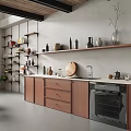 Modern Kitchen With Wooden Cabinets Shelves Ceramic Decor Countertop And Natural Light