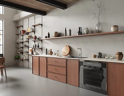 Modern Kitchen With Wooden Cabinets Shelves Ceramic Decor Countertop And Natural Light 3d model