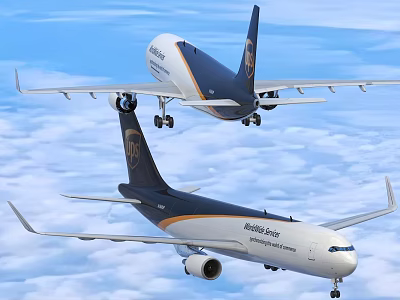 Two Global Force Passenger Planes Flying Over Clouds In Blue Sky 3d model