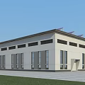Modern Industrial Factory Building With White Exterior Large Windows Red Doors And Solar Roof Panels