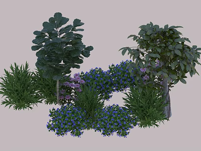 Diverse Green Plants Purple Blue Flowers With Tall Plants And Low Shrubs In Natural Garden 3d model