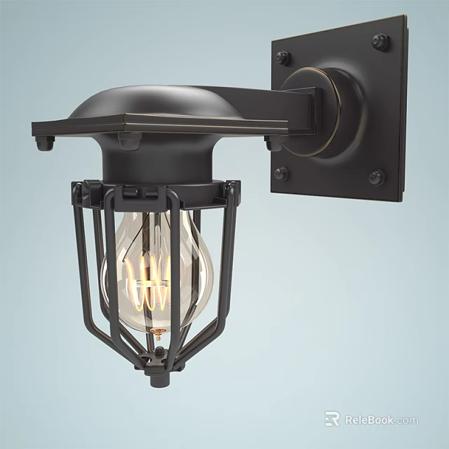 Industrial Style Wall Light With Black Metal Frame And Exposed Filament Bulb Design 3d model 