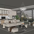 Modern Open Living Dining Room Interior Design With Sofa Coffee Table And Large Windows 3d model