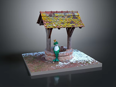 Miniature Well Model With Colorful Tile Roof And Green Frog Statue On Snowy Grass Base 3d model