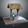 Miniature Well Model With Colorful Tile Roof And Green Frog Statue On Snowy Grass Base