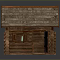 Wooden Cabin Log Structure With Sloped Wooden Roof And Open Door And Small Window