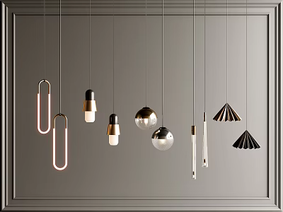 Various Modern Pendant Lights With Different Shapes And Metal Glass Materials On Grey Wall Frame 3d model
