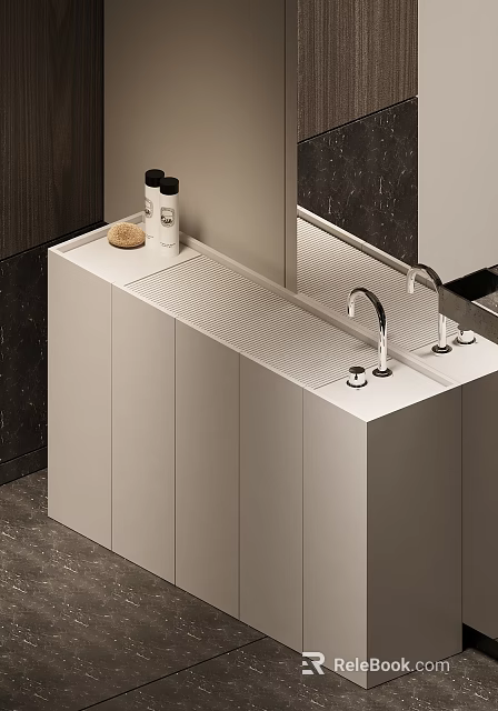 Modern Washbasin Vanity With Sleek Countertop Chrome Faucets Dark Background And Toiletries 3d model 