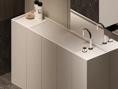 Modern Washbasin Vanity With Sleek Countertop Chrome Faucets Dark Background And Toiletries 3d model