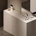 Modern Washbasin Vanity With Sleek Countertop Chrome Faucets Dark Background And Toiletries