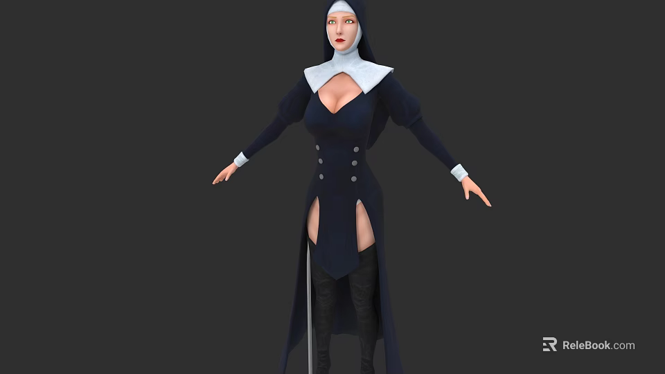 Game Movie Character In Dark Nun Costume With White Collar High Slit And Knee High Boots 3d model 