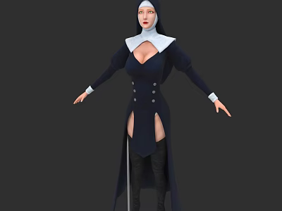 Game Movie Character In Dark Nun Costume With White Collar High Slit And Knee High Boots 3d model
