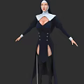 Game Movie Character In Dark Nun Costume With White Collar High Slit And Knee High Boots