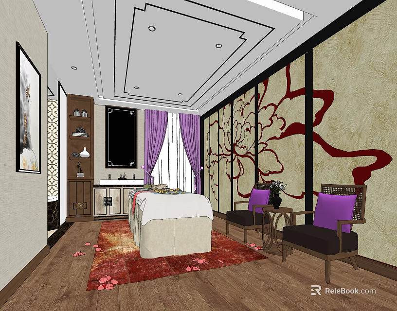 SPA Sauna Room Interior With Massage Bed Purple Chairs And Decorative Wall 3d model 