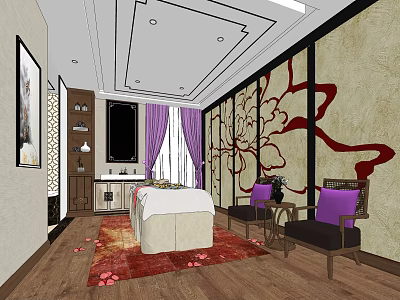 SPA Sauna Room Interior With Massage Bed Purple Chairs And Decorative Wall 3d model