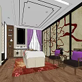 SPA Sauna Room Interior With Massage Bed Purple Chairs And Decorative Wall