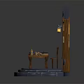 Medieval Wooden Furniture Table With Arched Window Red Carpet Stone Steps And Wall Lanterns