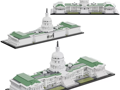 Detailed Capitol Building Block Model With White Dome And Green Roof 3d model