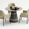 Modern Round Dining Table With Three Beige Chairs And Black Legs 3d model