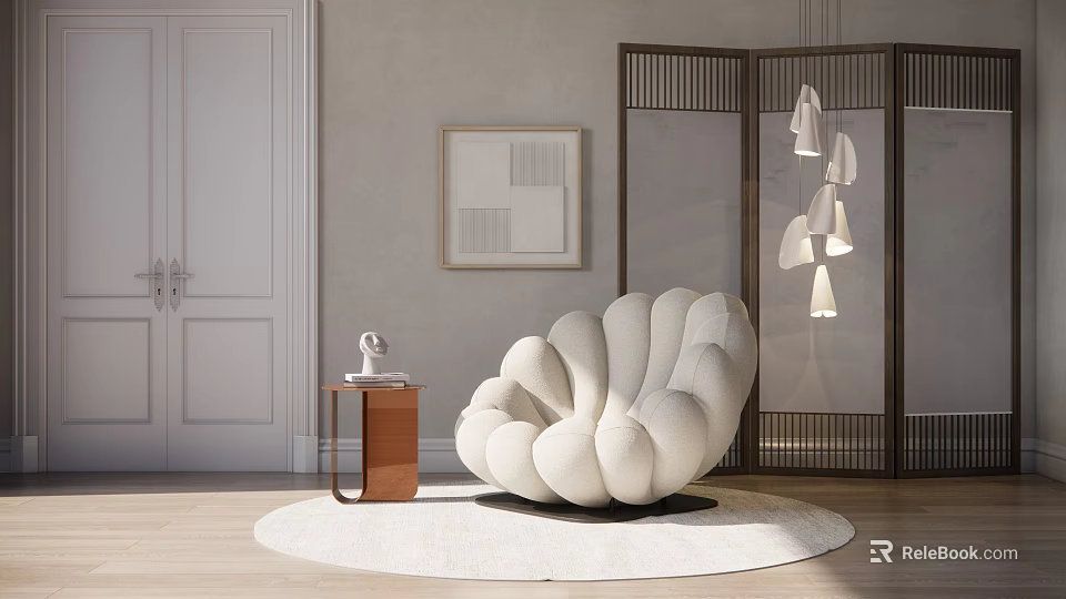 White Shell Shaped Accent Chair With Round Rug Side Table And Room Divider 3d model 