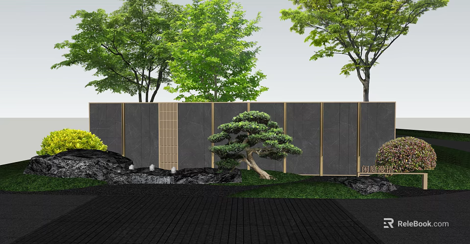 Landscape Sculpture With Gray Wall Golden Lines Pine Tree And Lawn 3d model 