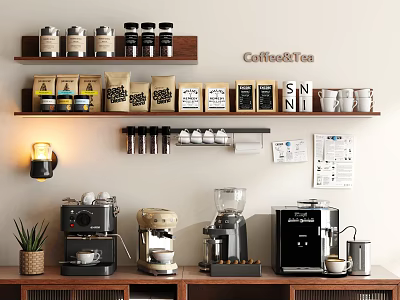 Modern Coffee Tea Corner With Coffee Machine Grinder Kettle And Cups On Shelves 3d model