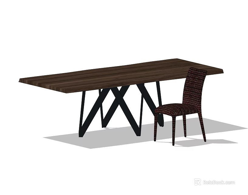 Dark Long Dining Table Set With Crossed Black Legs And Woven Chair 3d model 