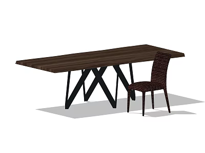 Dark Long Dining Table Set With Crossed Black Legs And Woven Chair 3d model