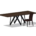 Dark Long Dining Table Set With Crossed Black Legs And Woven Chair