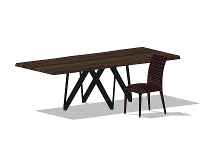 Dark Long Dining Table Set With Crossed Black Legs And Woven Chair 3d model