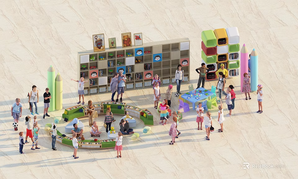 Children Playing in Colorful Interactive Play Area with Bookshelves and Play Structures 3d model 