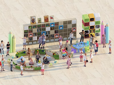 Children Playing in Colorful Interactive Play Area with Bookshelves and Play Structures 3d model