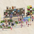 Children Playing in Colorful Interactive Play Area with Bookshelves and Play Structures