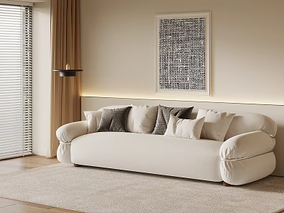 Modern White Multi Seater Sofa With Throw Pillows And Abstract Wall Art In Living Room 3d model
