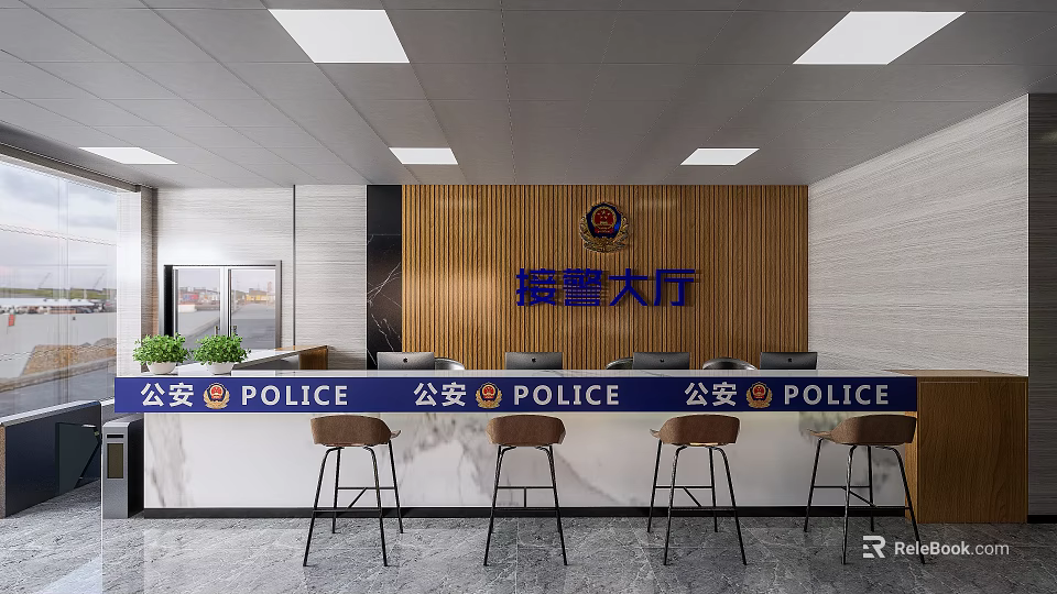 Police Service Hall Interior With Reception Counter Police Signs And Wooden Wall Design 3d model 