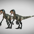3D Render Two Realistic Blue Headed Striped Velociraptors Standing Open Mouth Pose 3d model