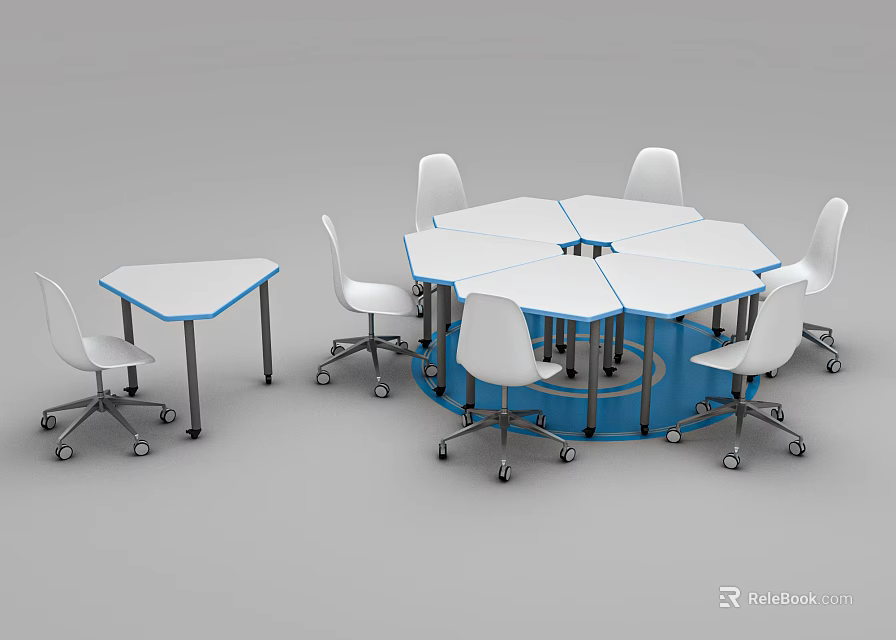Modern Table And Chair Set With Hexagonal And Rectangular Tables White Rolling Mobile Chairs 3d model