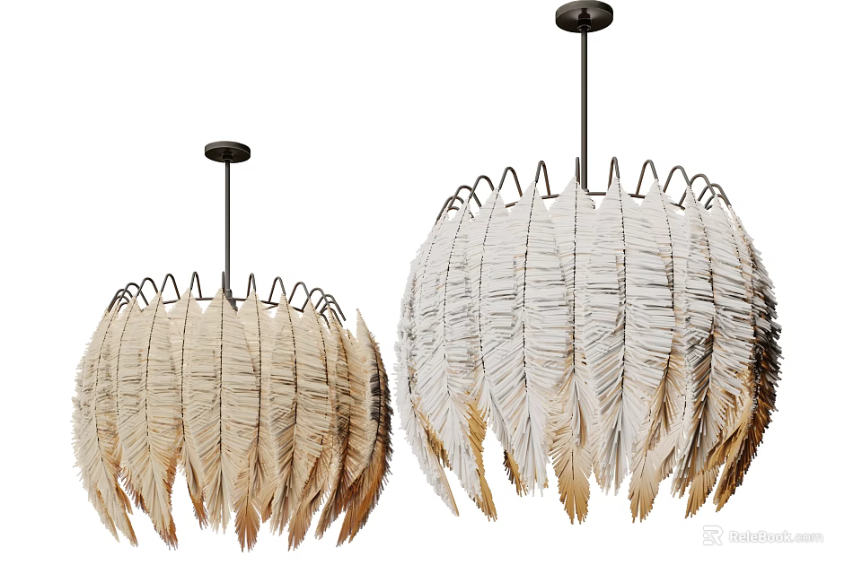 Modern Round Beige and White Feather Design Chandeliers with Black Hanging Rod 3d model 