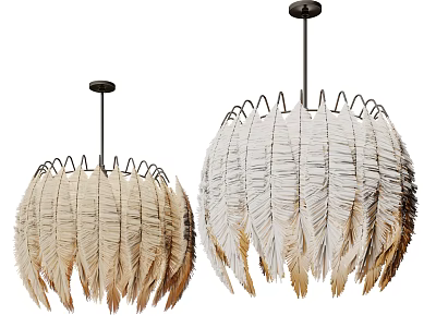 Modern Round Beige and White Feather Design Chandeliers with Black Hanging Rod 3d model