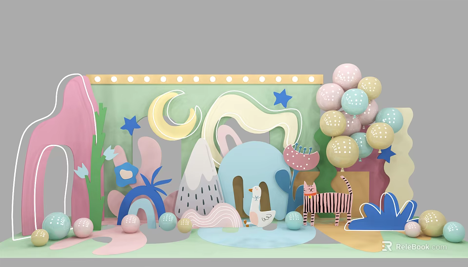 Colorful Kids Play Area With Cartoon Shapes Balloons And Decorative Elements 3d model 