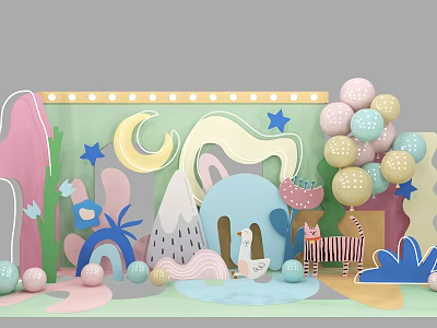 Colorful Kids Play Area With Cartoon Shapes Balloons And Decorative Elements 3d model