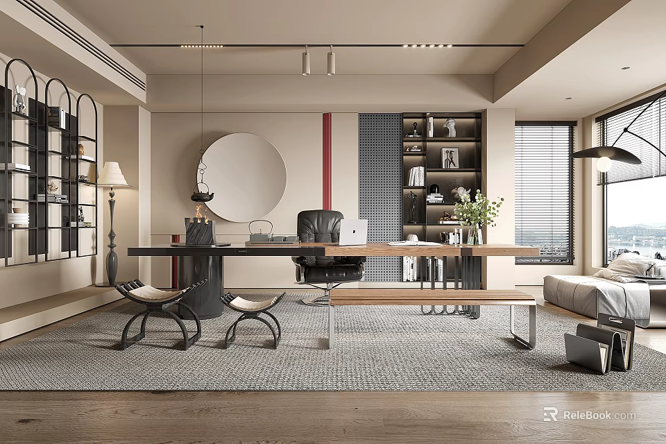 Modern Study Room Interior With Large Desk Comfortable Chair And Bookshelf 3d model 