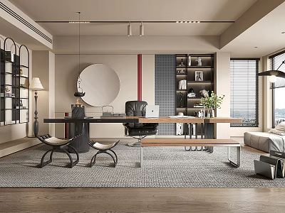 Modern Study Room Interior With Large Desk Comfortable Chair And Bookshelf 3d model
