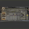 Cartoon Industrial Scene With Vending Machine Metal Doors And Yellow Circular Floor Lines