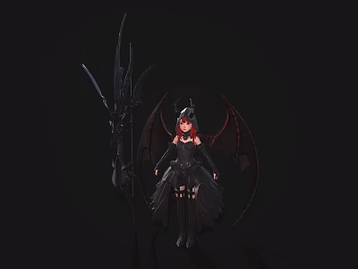 Fantasy Game Movie Character With Red Hair Black Dress And Black Wings Holding Spear 3d model