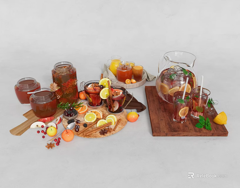 Fresh Homemade Lemon Honey Drinks With Fruits Spices In Glass Jars Wooden Tray 3d model 