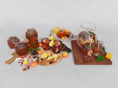 Fresh Homemade Lemon Honey Drinks With Fruits Spices In Glass Jars Wooden Tray 3d model